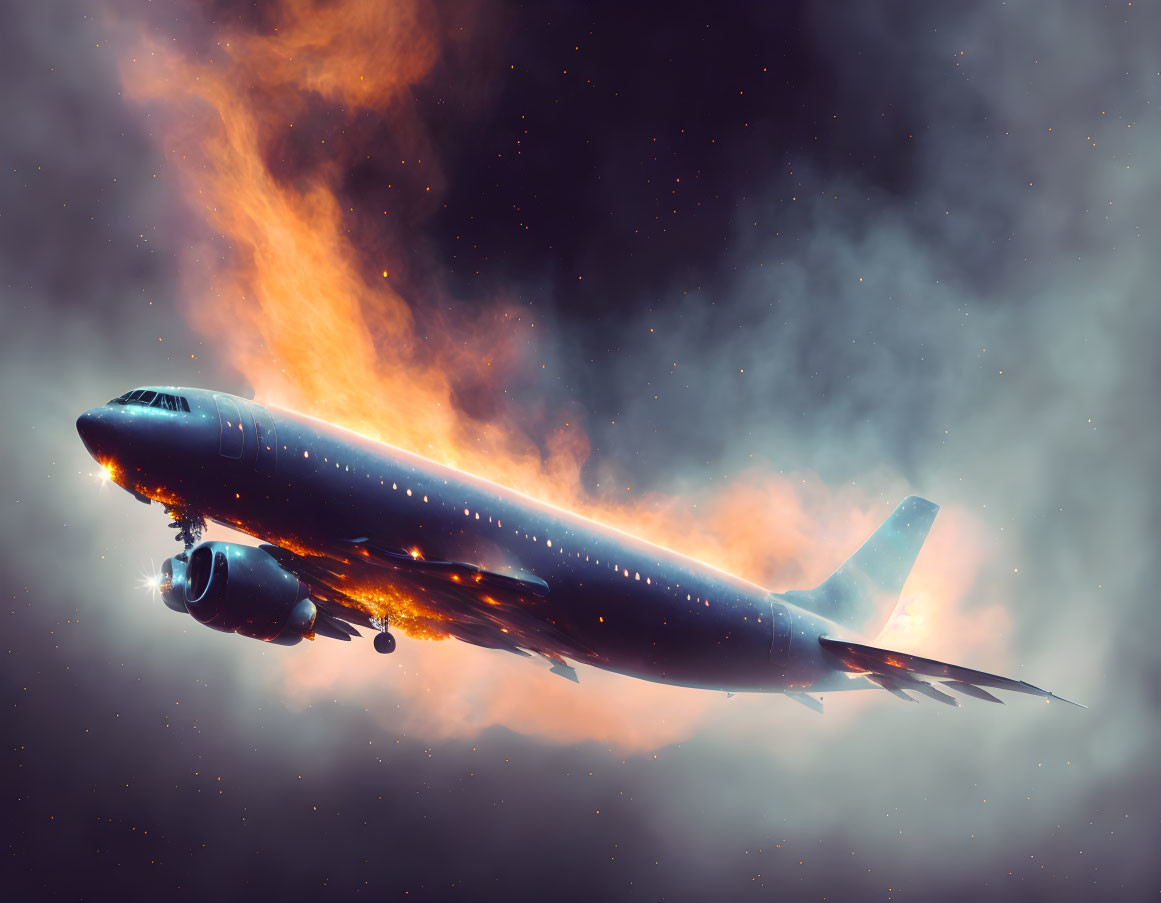 Burning commercial airplane in dramatic sky with fiery glow