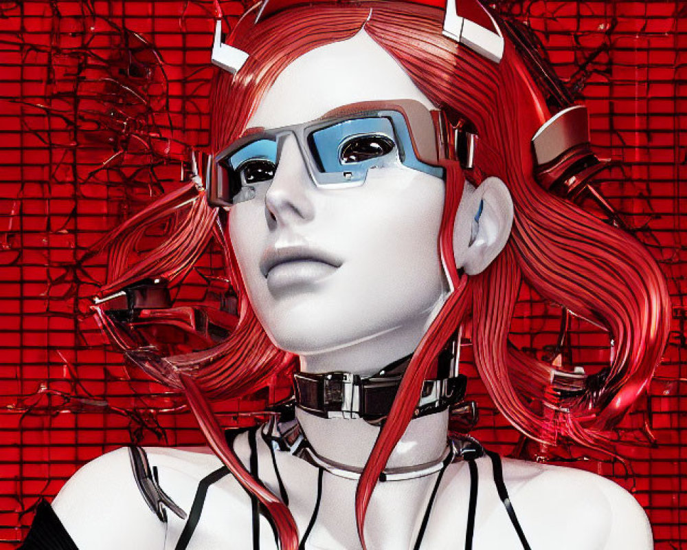 Stylized 3D illustration of female figure with red hair & futuristic glasses on textured red background
