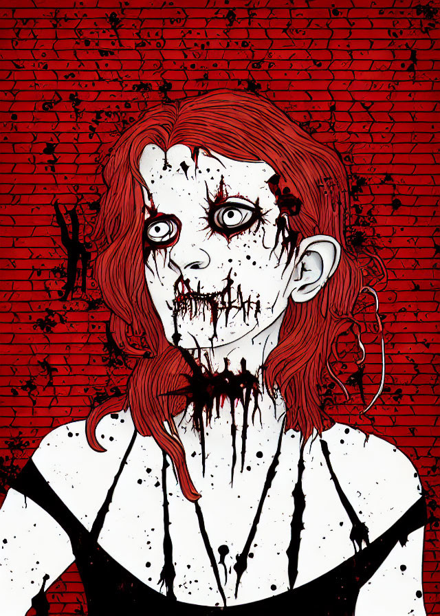 Creepy pale-skinned person with bloodstained face against red brick wall.