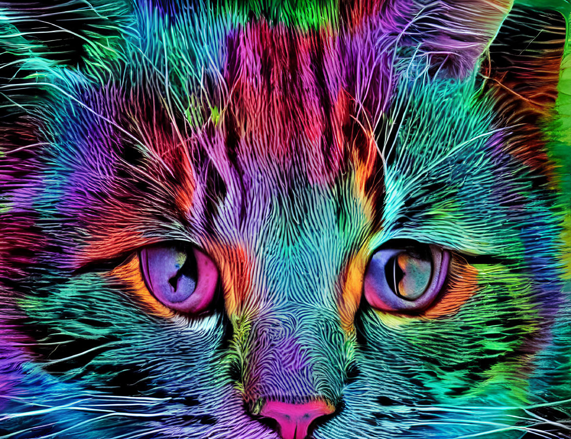 Colorful digital artwork: Close-up of cat's face with neon fur and purple eyes
