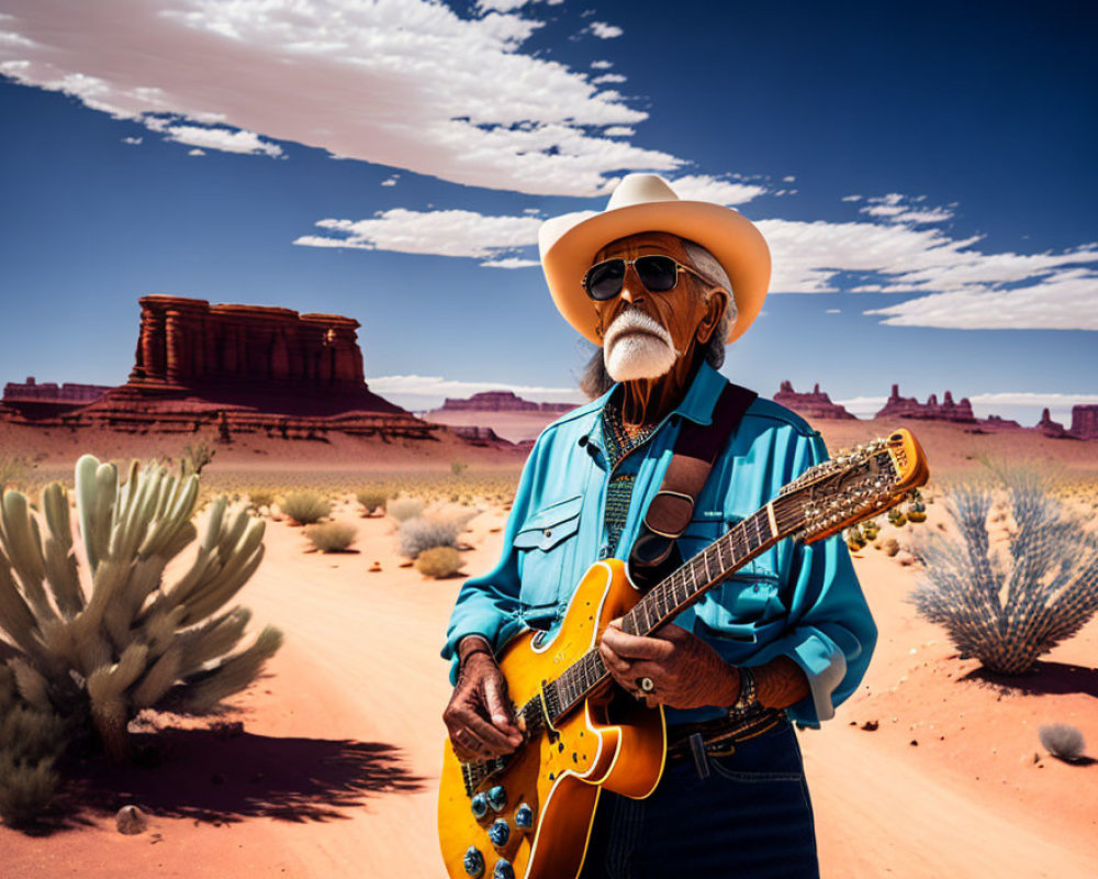 Elderly man with white mustache and guitar in desert landscape