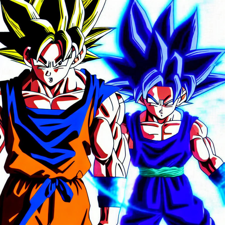 Dragon Ball characters Goku and Vegeta in Super Saiyan forms with vibrant auras on white background