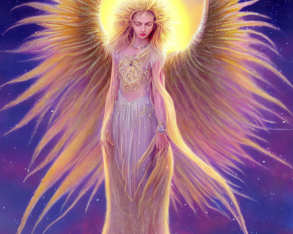Celestial figure with radiant wings and halo in flowing gown
