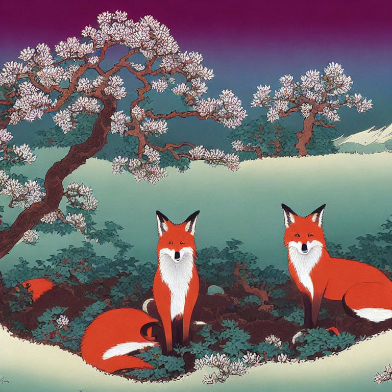 Stylized red foxes under cherry tree with gradient sky