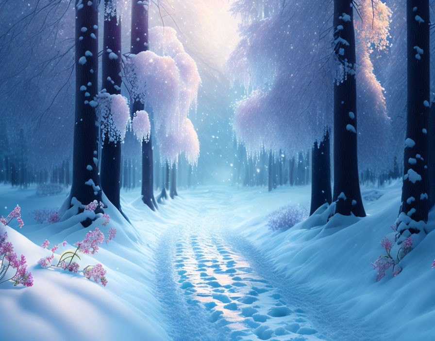 Snowy Twilight Landscape with Winding Path and Pink Flowers