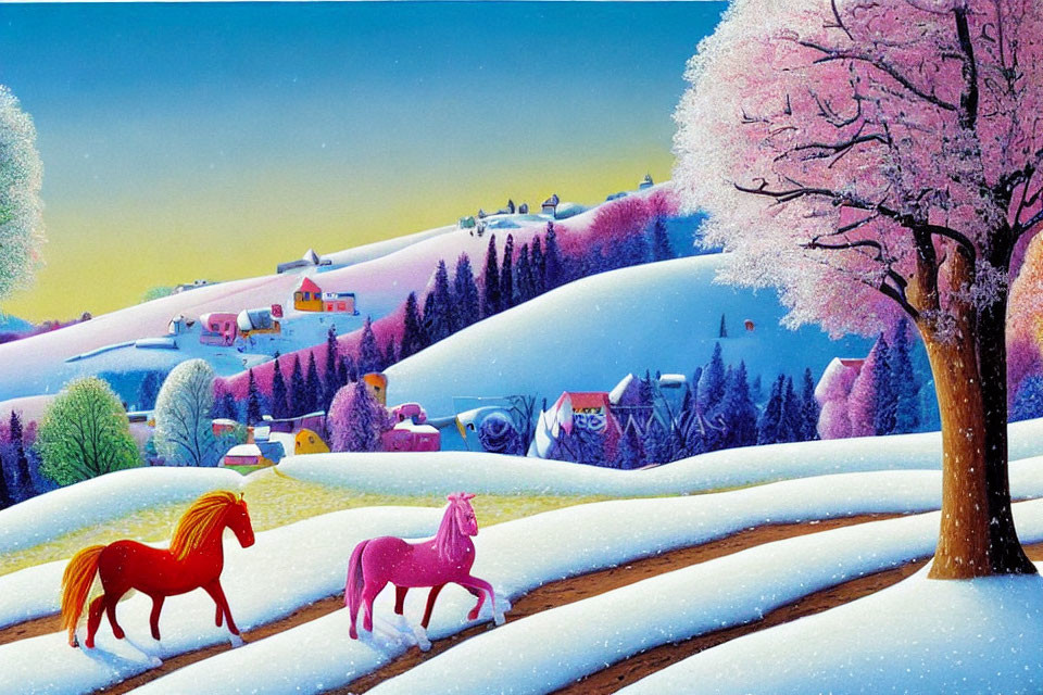 Colorful painting of two horses in snowy landscape with vibrant houses and pink tree