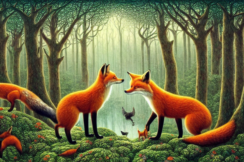 Mystical forest scene with orange foxes in conversation