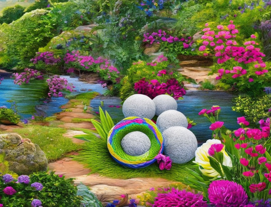 Colorful digital artwork of a fantastical garden with flowers, eggs, and a stream