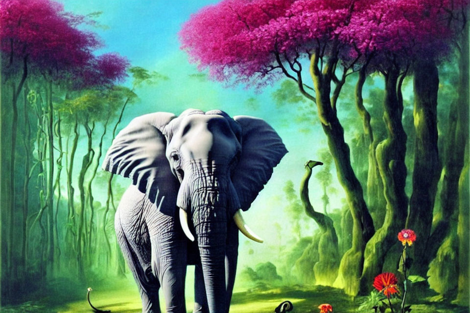 Elephant in Vibrant Pink Forest with Colorful Flora