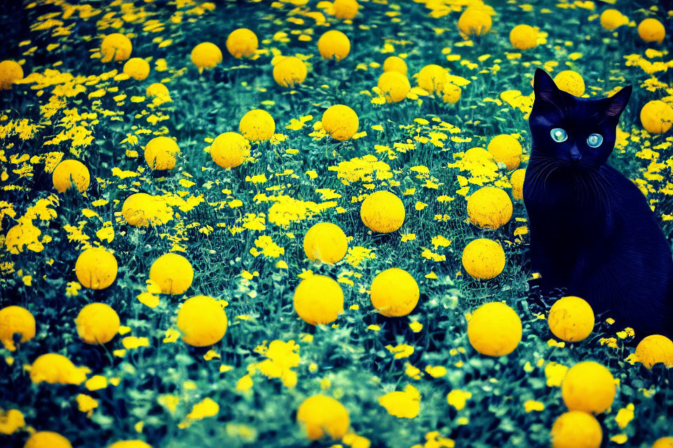 Black cat with green eyes among yellow marigolds in vibrant scene
