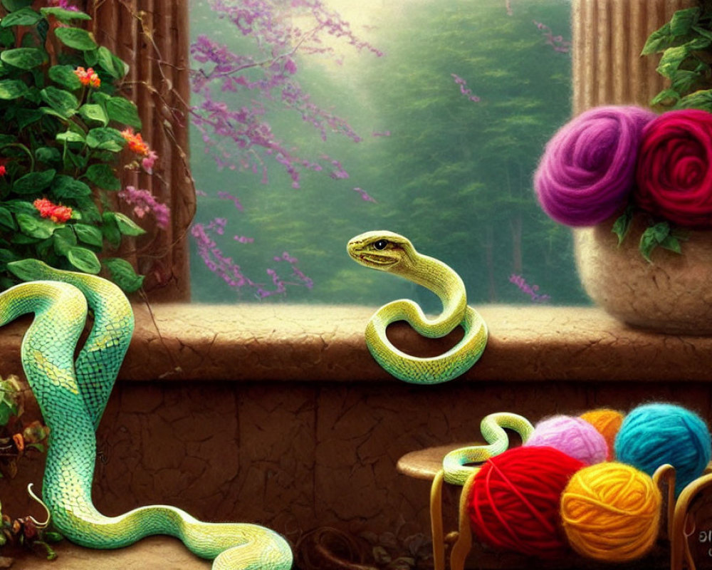 Colorful snake and yarn balls on window sill with forest view