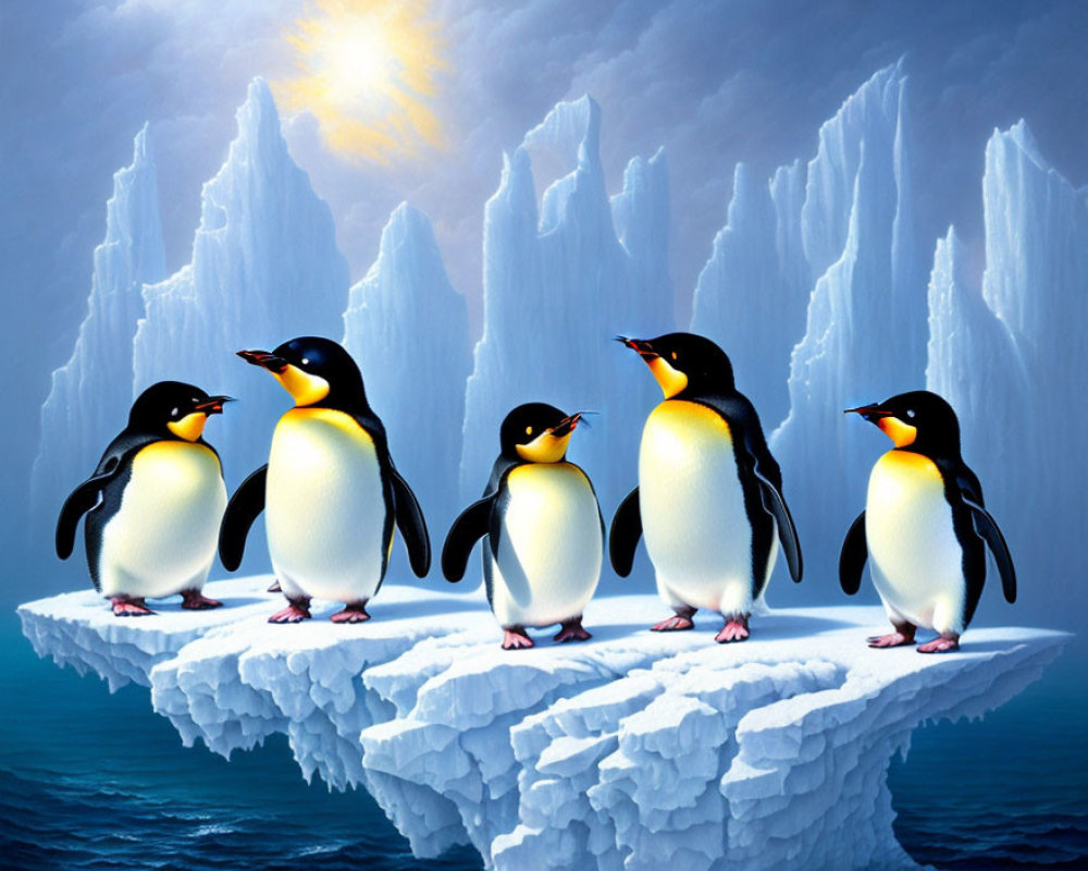 Four penguins on iceberg with towering ice formations under bright sun