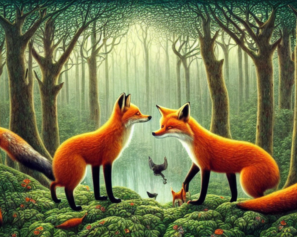Mystical forest scene with orange foxes in conversation