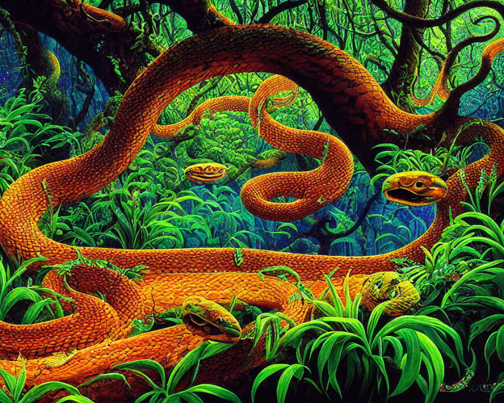 Colorful Jungle Illustration: Large Orange Snake Amid Lush Greenery