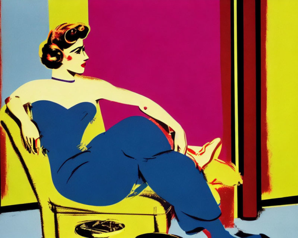 Colorful pop art illustration of woman in blue dress with cat on yellow chair