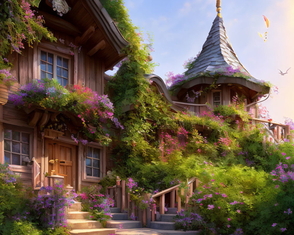 Detailed Wooden Treehouse Surrounded by Flowers and Greenery