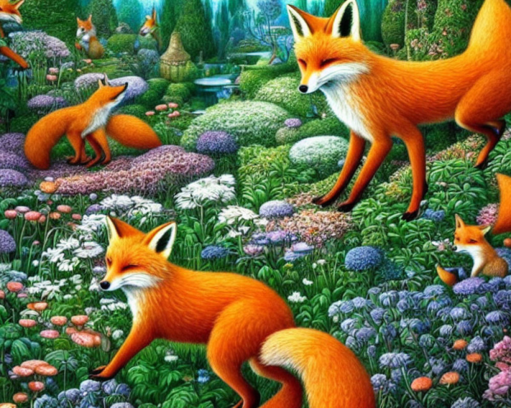 Multiple foxes in vibrant forest scene with colorful flowers