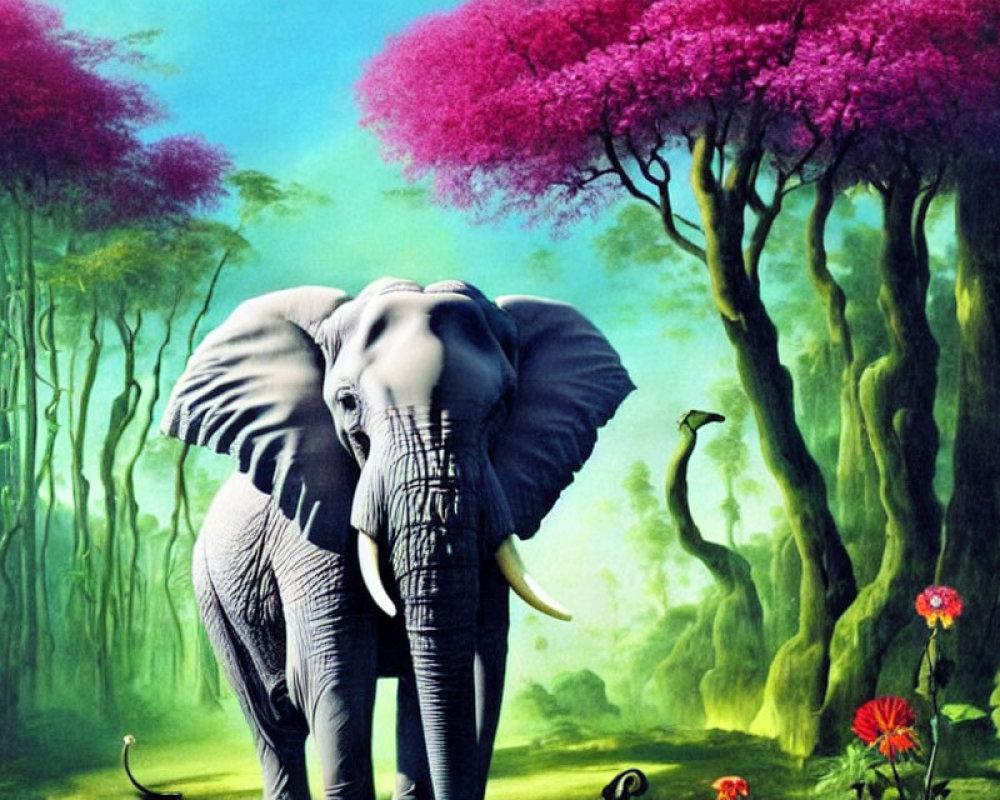 Elephant in Vibrant Pink Forest with Colorful Flora