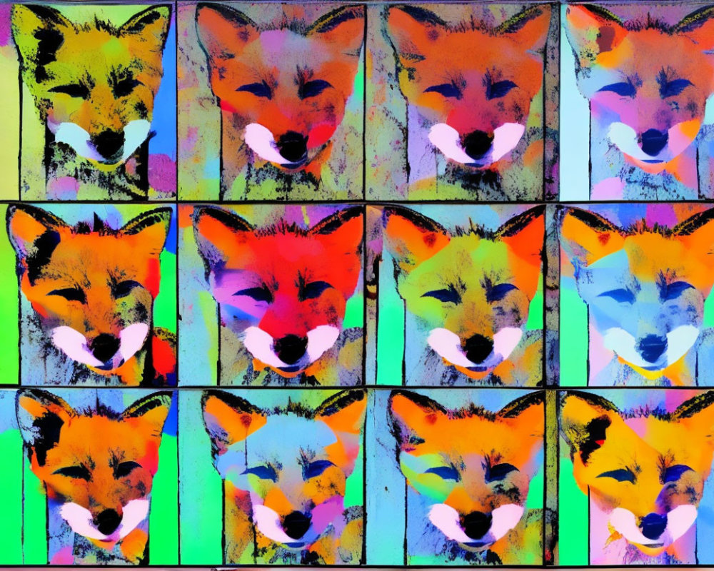 Vibrant Pop Art Grid of Sixteen Fox Faces in Colorful Style