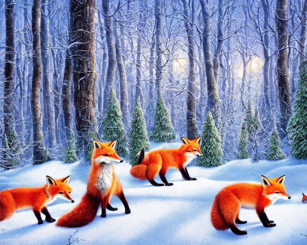 Vibrant red foxes in snowy forest with bare trees and evergreens