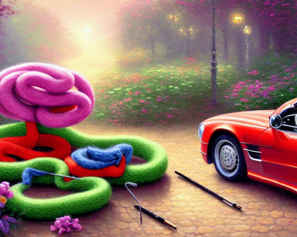 Surreal image: Large green and pink snake knitting, red convertible car in mystical forest