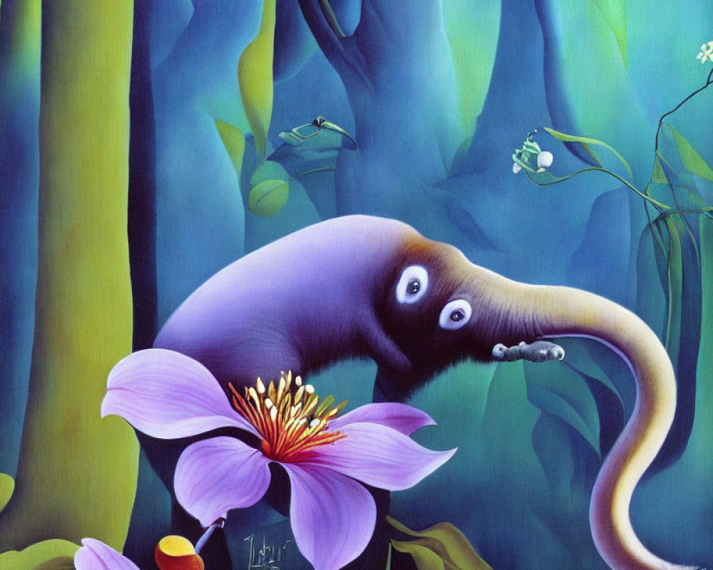 Colorful painting of elephant-headed creature in lush forest