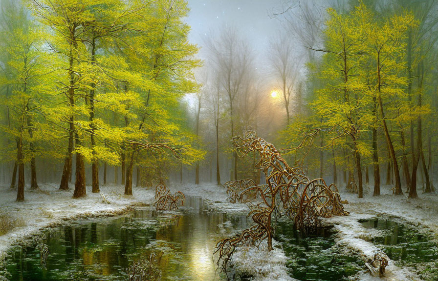 Tranquil forest scene with mist, green trees, serene water, and snow remnants