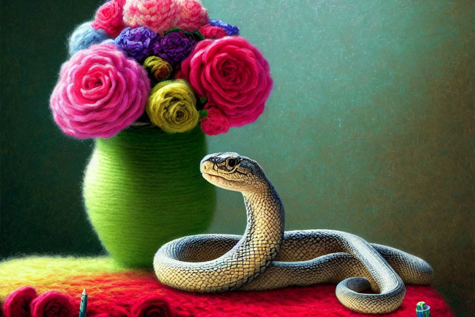 Coiled snake with green vase and knitted flowers on textured background