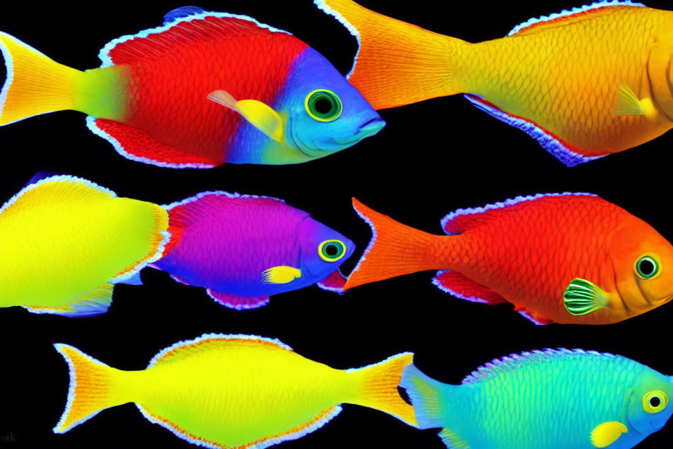 Vibrant Tropical Fish in Blue, Red, Yellow, and Purple on Black Background