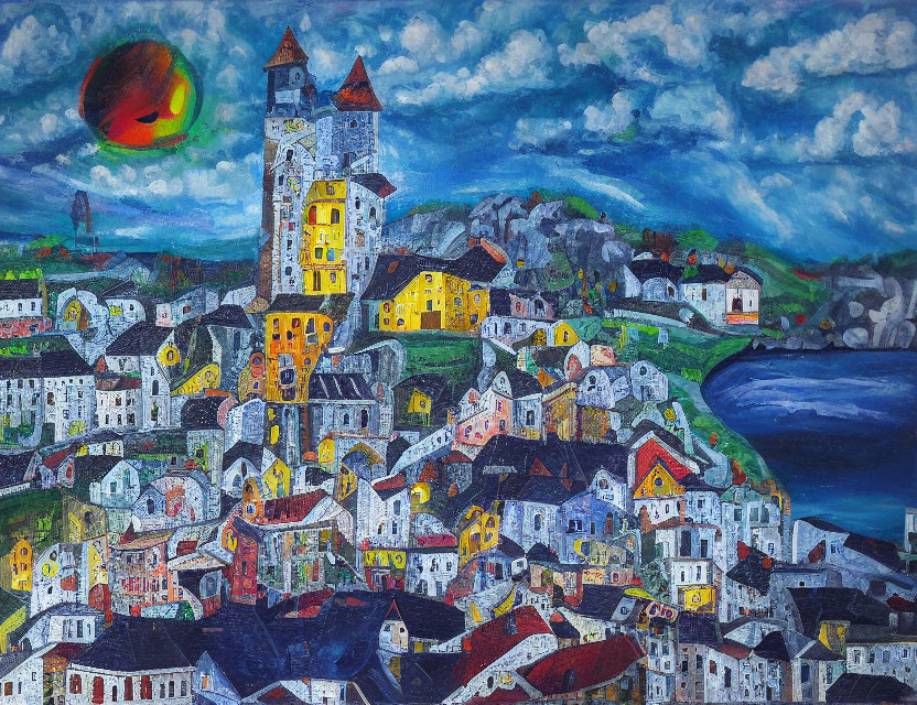 Colorful village by the sea under dynamic sky with red moon/sun