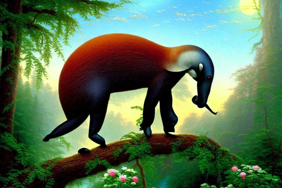 Anteater Walking on Tree Branch in Lush Green Forest
