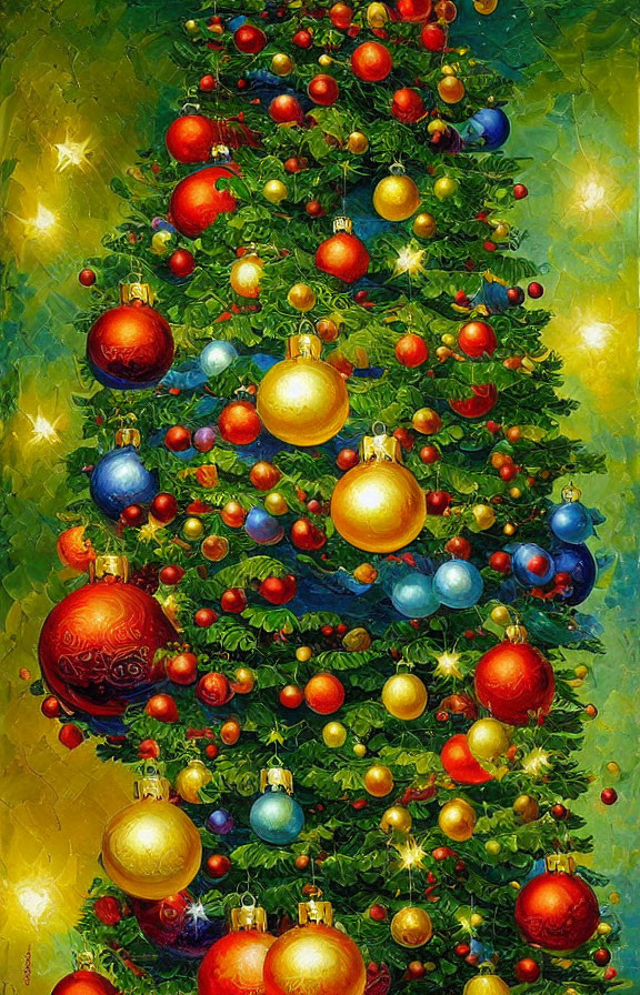 Colorful Christmas Tree with Baubles and Lights on Warm Background
