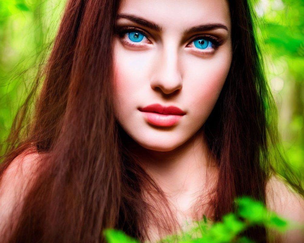 Portrait of Woman with Striking Blue Eyes and Long Brown Hair in Lush Green Foliage