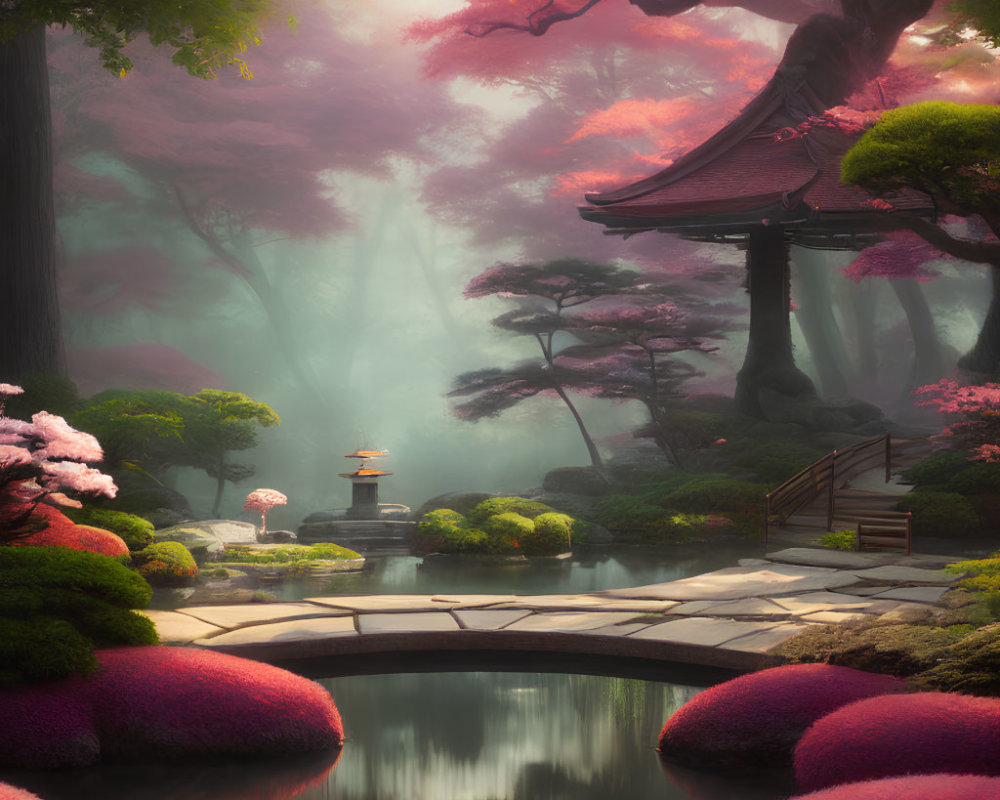 Tranquil Japanese Garden with Pink Trees, Stream, Stone Bridge, and Pagoda in Mystic Fog
