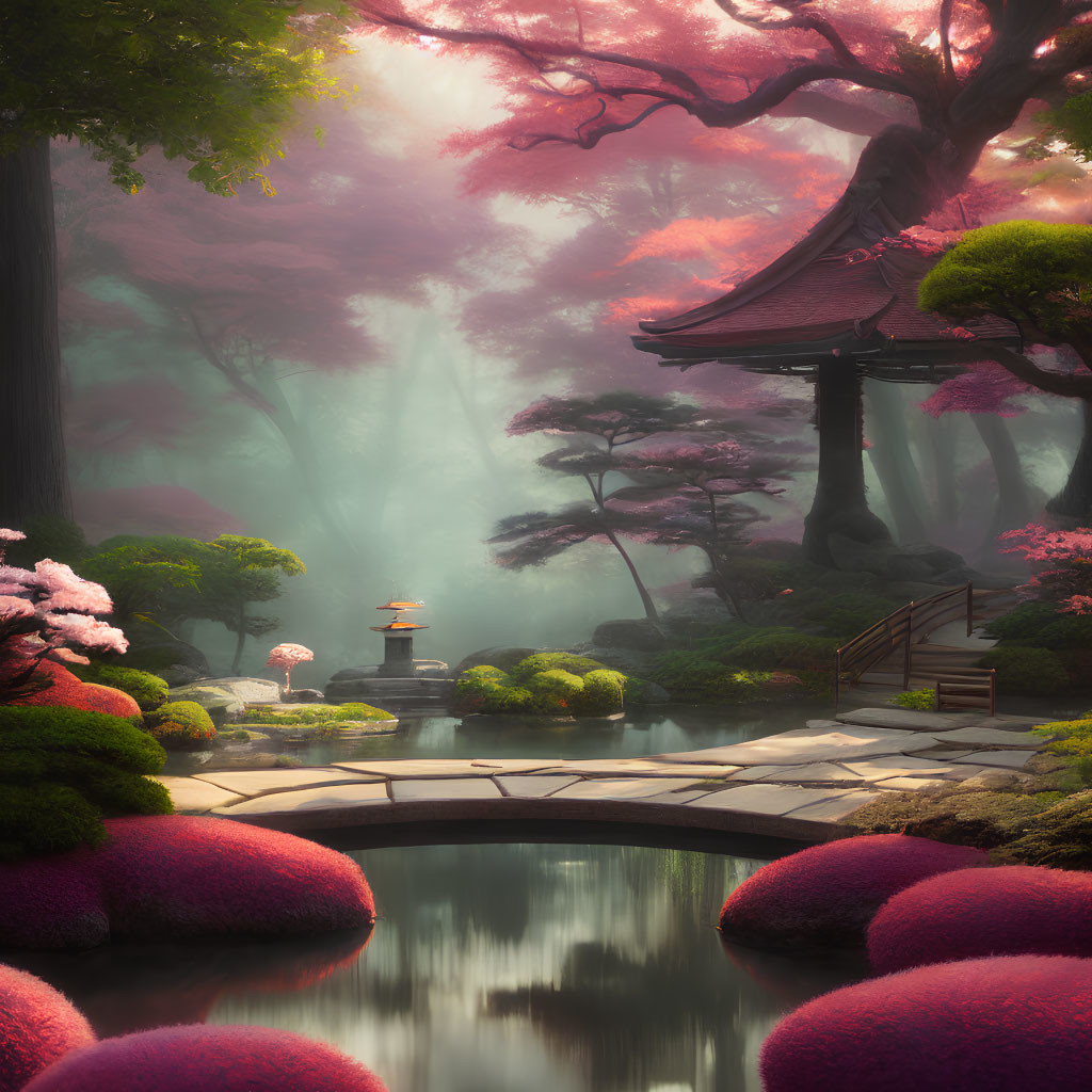 Tranquil Japanese Garden with Pink Trees, Stream, Stone Bridge, and Pagoda in Mystic Fog
