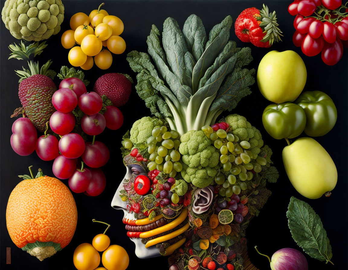Colorful Fruits and Vegetables Form Human Profile on Black Background
