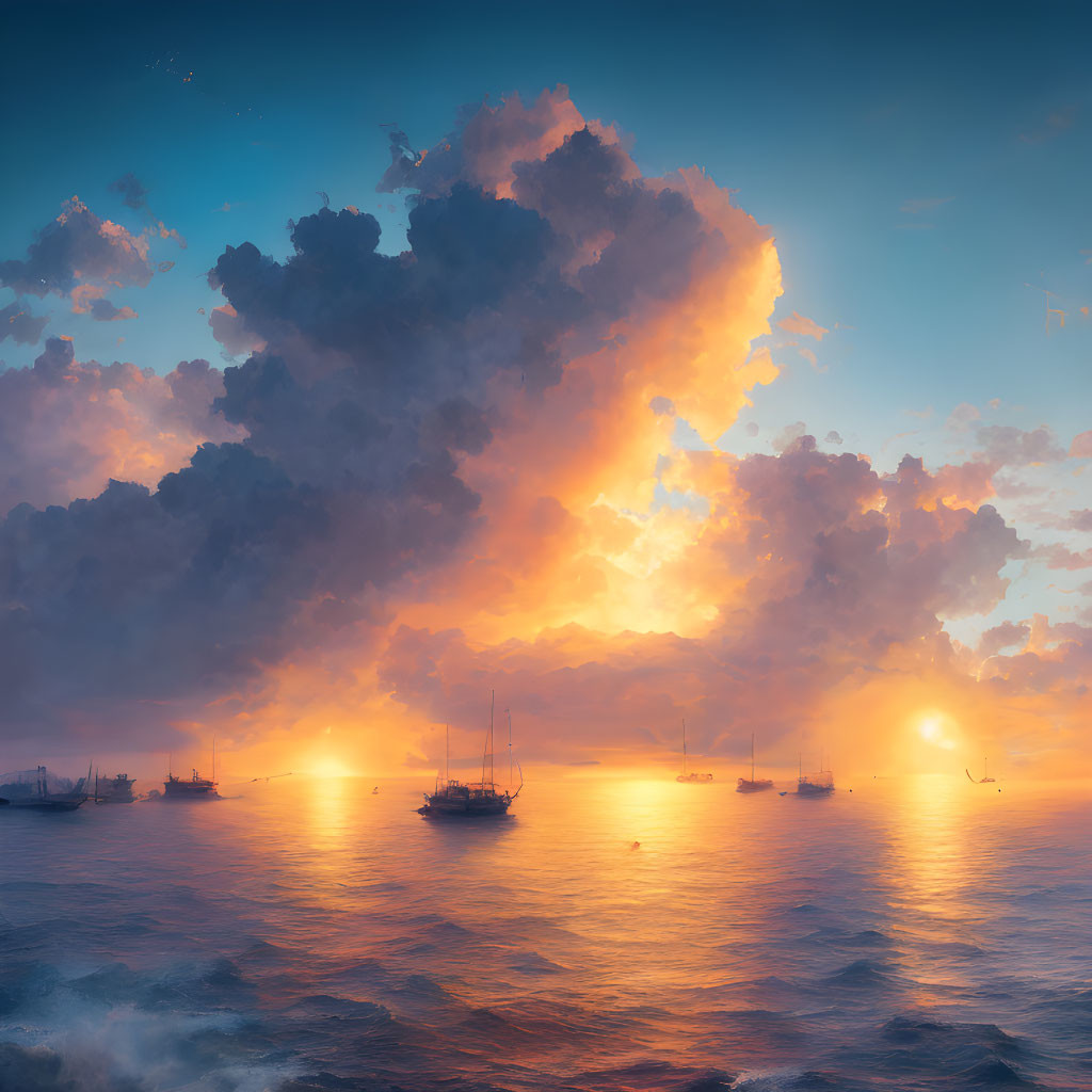Tranquil sunset seascape with boats, radiant clouds, and glowing sun.