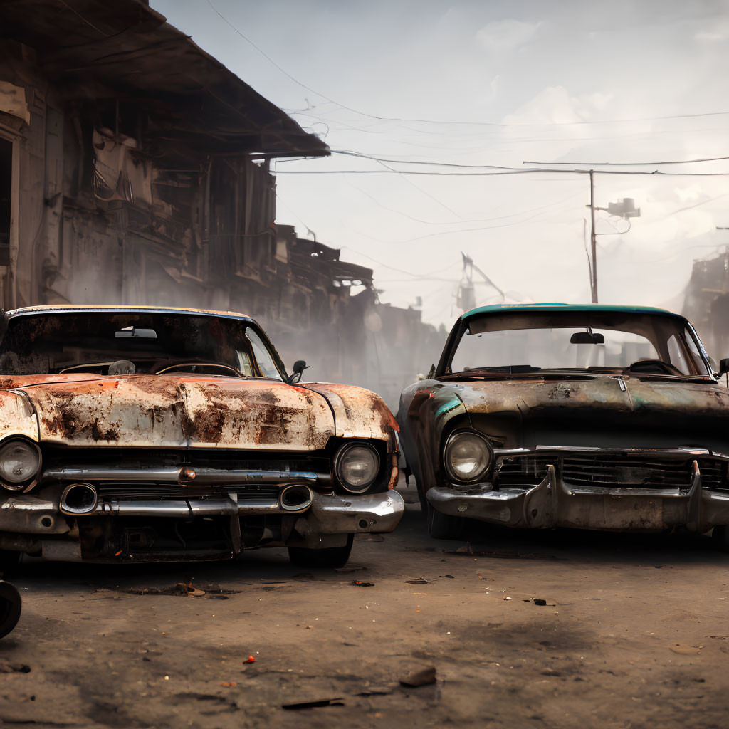 Rusted vintage cars on dusty street with dilapidated buildings