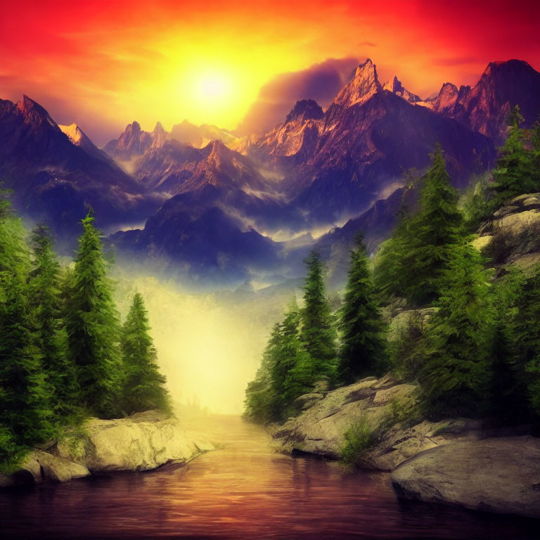 Scenic sunrise over misty mountains, forest, and river