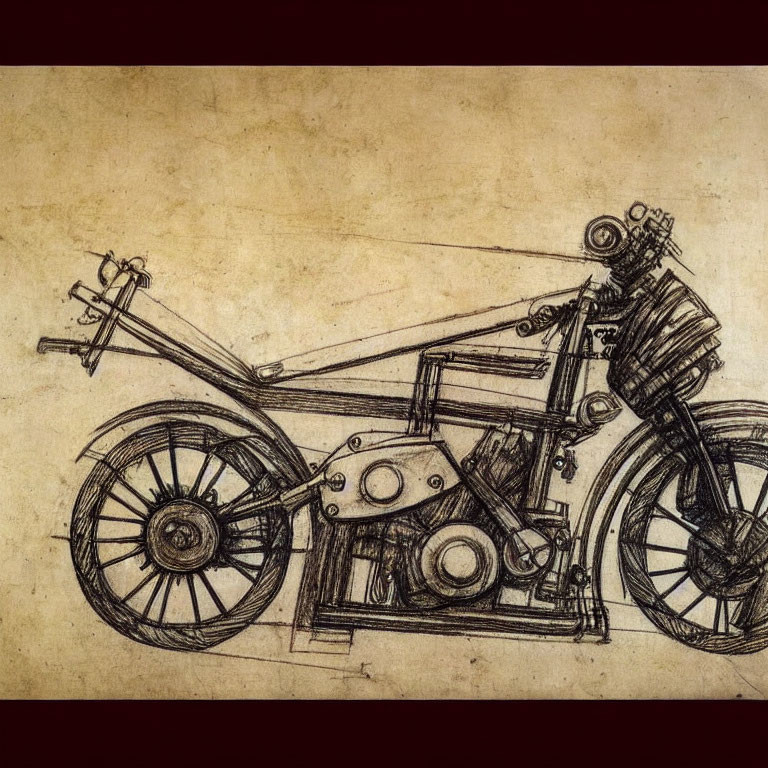 Detailed Vintage Motorcycle Sketch on Parchment Background