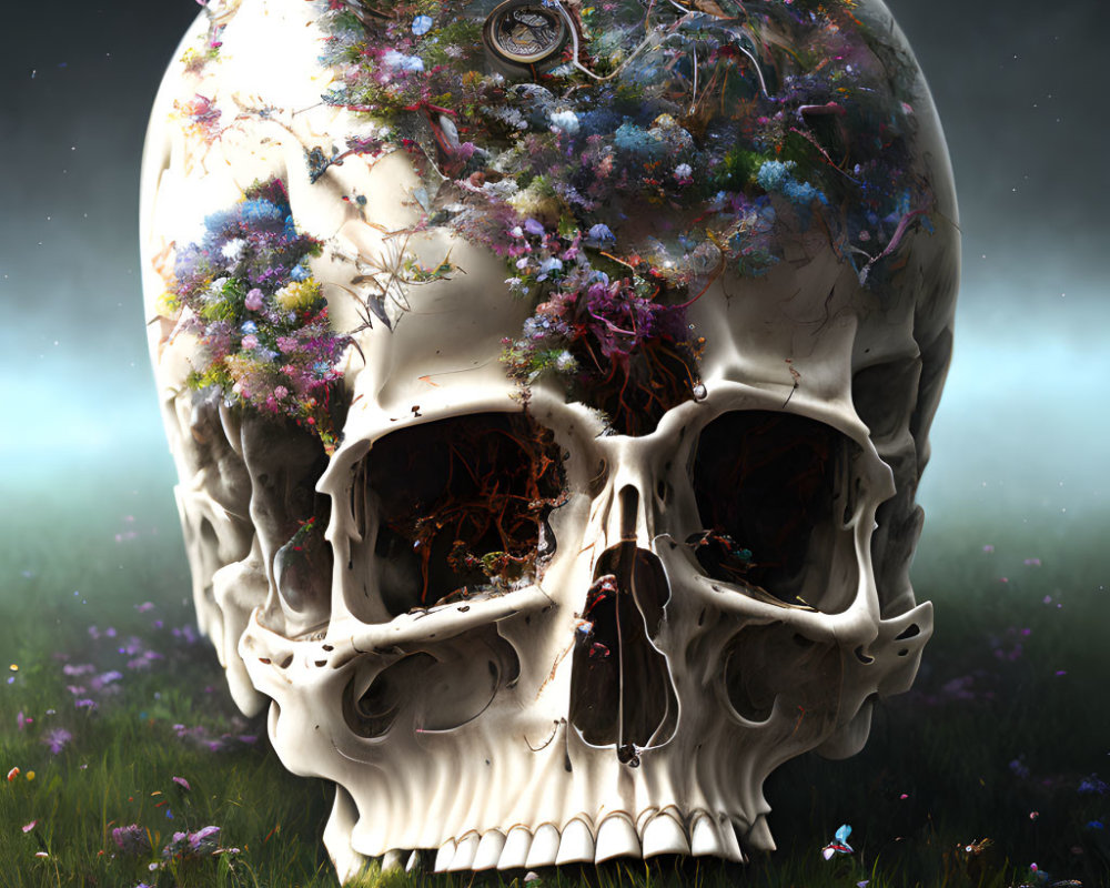 Colorful Flora Growing from Human Skull in Misty Meadow