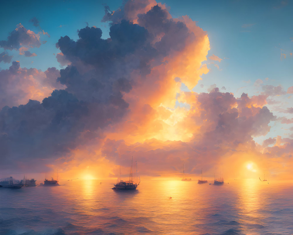 Tranquil sunset seascape with boats, radiant clouds, and glowing sun.