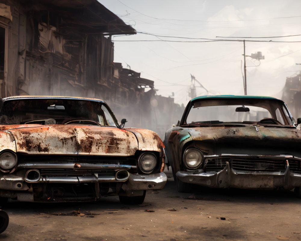 Rusted vintage cars on dusty street with dilapidated buildings
