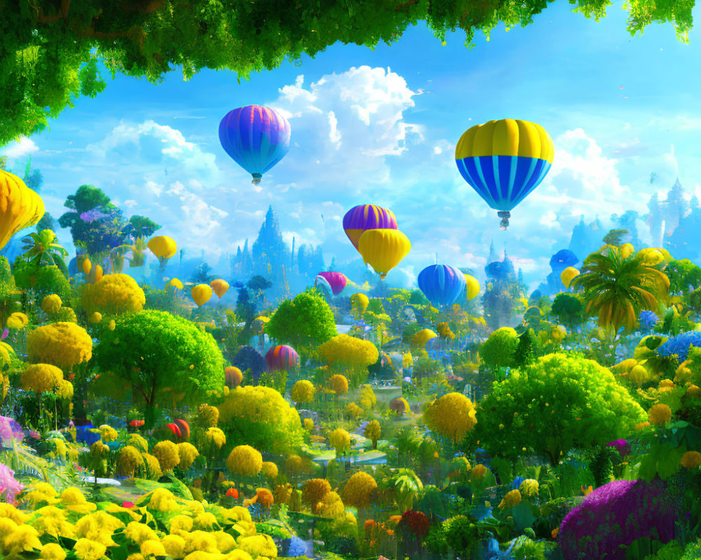 Vibrant flora and hot air balloons in lush fantasy landscape