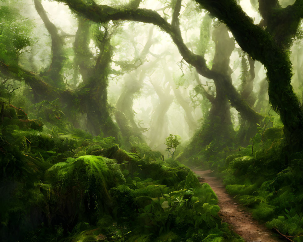Misty forest with moss-covered trees and winding path in soft light