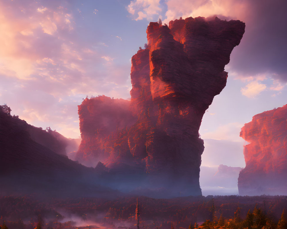 Majestic red rock formation above misty forest at sunrise