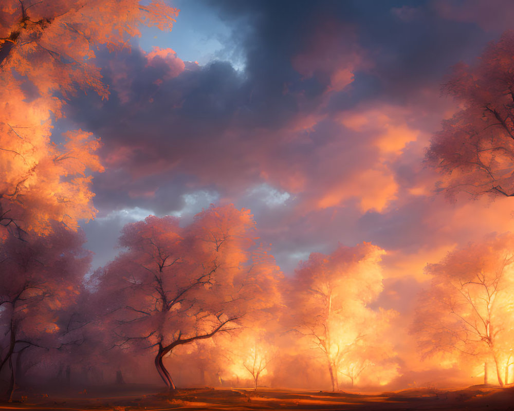 Sunset forest scene with pink-hued clouds and tree silhouettes.