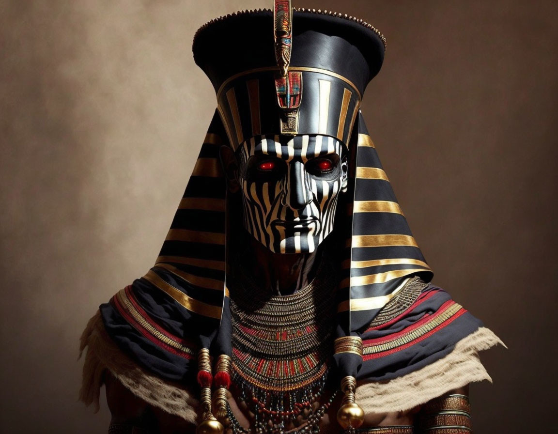 Egyptian Pharaoh with Modern Twist: Robotic Red Eyes & Traditional Headdress