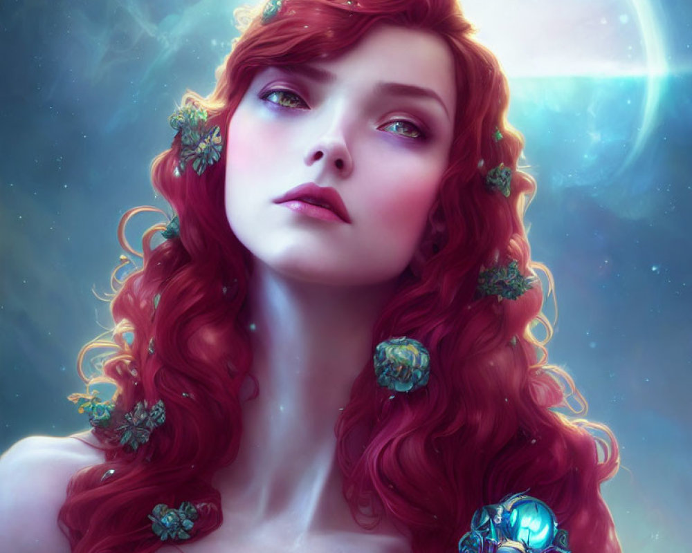 Digital artwork of woman with red hair and green flowers in cosmic setting