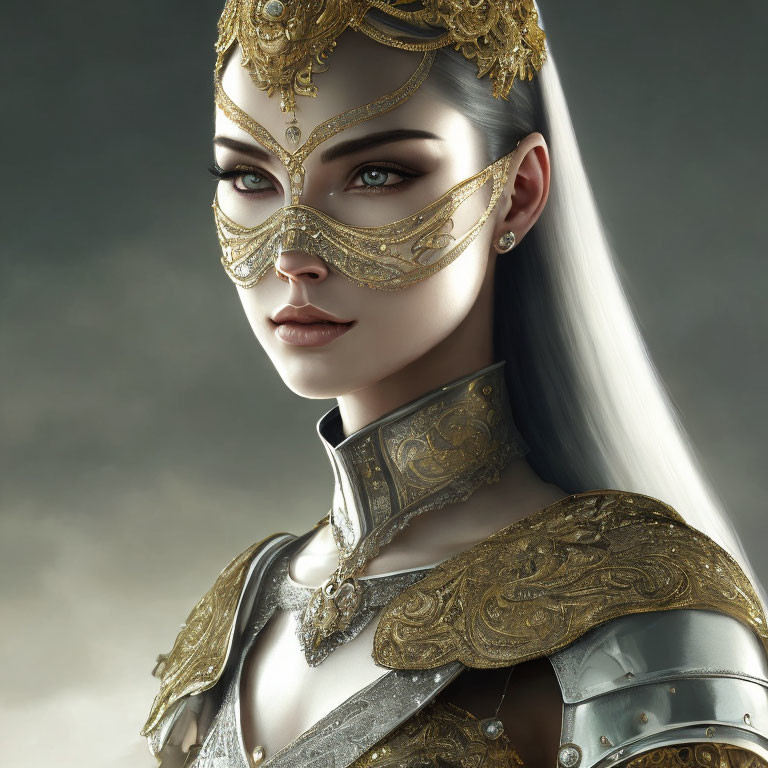 Sharp-featured woman in golden mask and armor exudes regal mystery